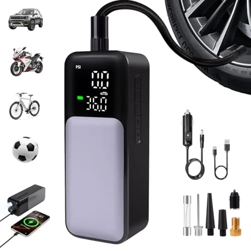 Compresor Aire Portátil para Coche, Inflador Eléctrico Neumáticos 150 PSI con Batería de 8000 mAh, Pantalla LED, Luz LED y Power Bank para Coche, Moto, Bicicleta y Balones