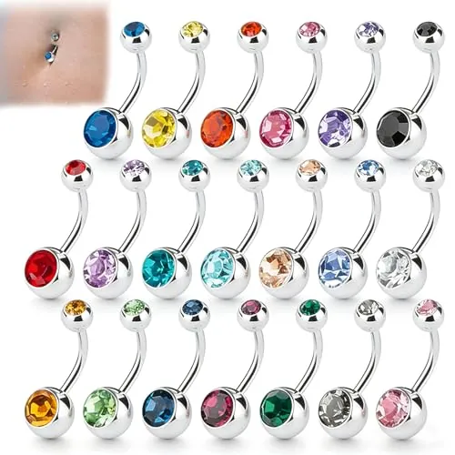 Amaza Piercing Ombligo con Dos Circonitas, 20 Colores Anillos Ombligo Acero Inoxidable, Joyas para Ombligos Pircing Ombligos con Bolsita de Almacenamiento, Calibre 14G(1,6 mm x 11 mm)
