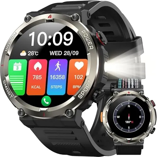 IOWODO Reloj Inteligente Hombre Militar con Llamadas Bluetooth, 1.45" Smartwatch con Linterna LED y Brújula, Batería de 20-30 días, 123 Modos Deporte, Monitor Cardíaco/SpO2/Sueño 24h, IP68, 2 Correas
