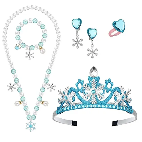 Hifot Elsa Accesorios de Princesa, Elsa Joyeria Set Collar Corona Pulsera Pendientes Anillos Accesorios para Niñas Carnaval Halloween Fiesta Regalos