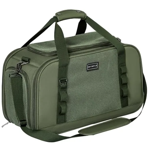 Petsfit Transportín para Gatos y Perros Pequeños Bolso de Transporte Aéreo con Almohada Estable y Transpirable Material Premium con Funda para Maleta Verde Oliva (49x23x28 cm)