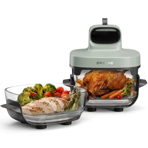 DREAME Tasti Freidora De Aire De Vidrio Portátil 5-1, 2 Ollas (2,5 L + 4,5 L), Cristal Borosilicato 6 mm, Aire Caliente 3D, Apta Lavavajillas, Vista Panorámica 360°, Desmontable