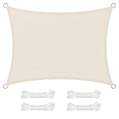 SONGMICS Vela de Sombra de 3 x 4 m, Tejido HDPE de Protección Solar, Transpirable, Permeable al Agua, Terraza, Jardín, Balcón, Camping, Rectangular, Cóncava, Cuerdas de 2 m, Beige GSS34IVV1