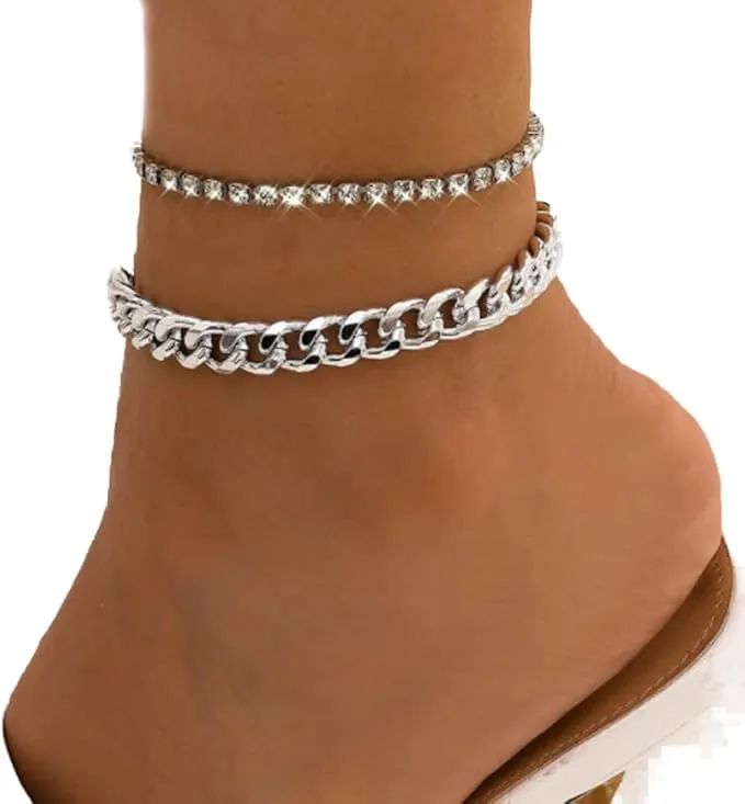 Clataly Tobillera cubana doble capa tobillera de cristal tobillera de playa joyas para mujeres y niñas (Plata)