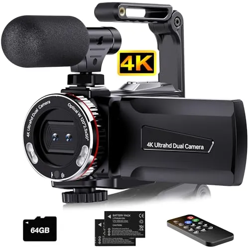 Hojocojo Cámara de vídeo 4K 64MP Videocámara Vlogging Cámara,Doble Objetivo 3" 270° Pantalla giratoria Vlog Cámara con Tarjeta de 64GB, Micrófono, Estabilizador,Control Remoto,2 Baterías