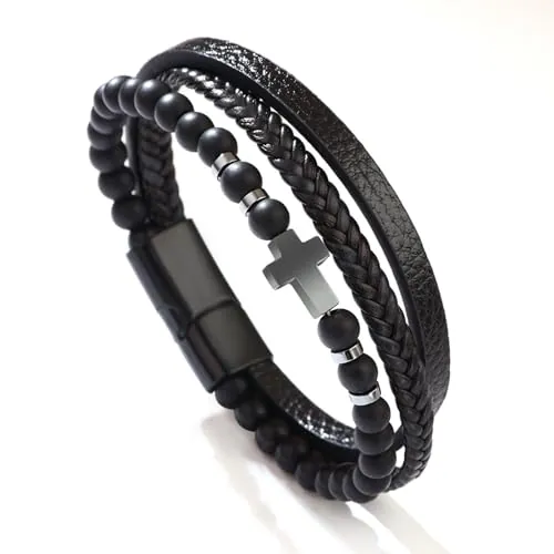 Kryzalite® Cruz Obsidiana regalo de bautismo colgante pulsera de hombre de piedra perfumada, pulsera de cuero genuino de acero inoxidable, regalos de joyería para hombres