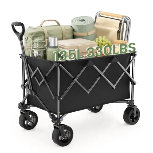 Carrito de Camping Plegable 135 L, Capacidad de Carga 150 kg, Carrito Todoterreno con Ruedas Giratorias 360° y Asa Telescópica, para Jardín, Compras y Exterior