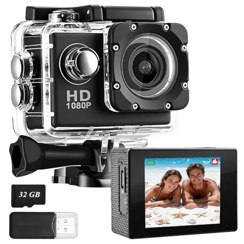 PQETBV Cámara Deportiva HD, Camara Subacuática 30M con 120 Grados Gran Angular, Cámara Subacuática Buceo 2 Baterías Recargables de 900mAh y Kit de Accesorios