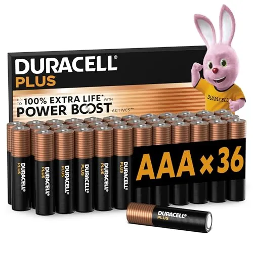 DURACELL Plus Pilas AAA (Paquete de 36) – Pilas alcalinas 1,5 V–Hasta un 100 % de duración extra con activos POWER BOOST–Fiabilidad para dispositivos cotidianos–Envase con 0 % de plástico–MN2400