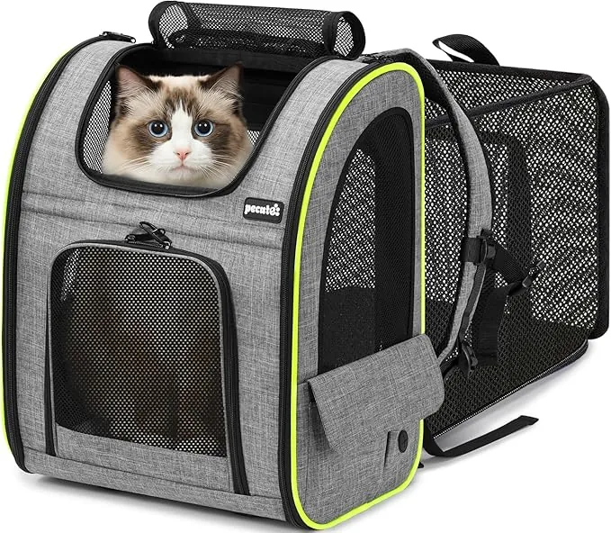Pecute Transportin Gato XL > 6kg - < 8kg Mochilas para Gatos y Perro Bolsa para Mascotas Expandible y Plegable para Viajar en Tren/automóvil/Restaurante