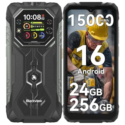 Blackview Android 16 Outdoor Handy für Baustelle & Camping, 15000mAh Dual-Screen Smartphone Ohne Vertrag, 20MP Nachtsicht, IP69K Wasserdicht, 24GB+256GB, Gemini AI/NFC/3 años de garantía
