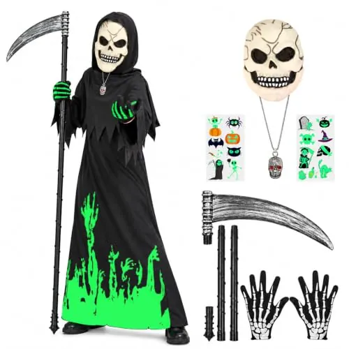 Haozozo Disfraz Halloween Niño, Disfraz Muerte Niño Compuesto Por Un Mono Fluorescente, Una Máscara De Látex Fluorescente Con Forma De Calavera, Guantes Y Una GuadañA Halloween. (5-8 años)