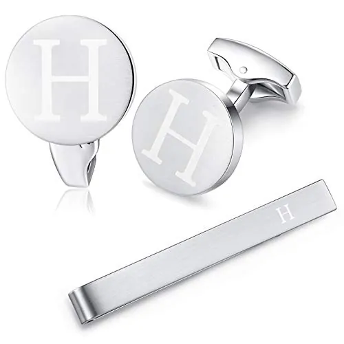 HONEY BEAR Carta Inicial Alfabeto Gemelos & Clip Pasador de Corbata Pisacorbatas - Acero Inoxidable para la Camisa de los Hombres Regalo de Boda del Negocio (Plata) (H)