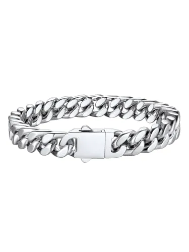 Bestyle Pulseras Cadena Cubana 9mm Ancho Pulsera Cadena Cubano Miami Acero Inoxidable 19cm Largo Pulseras Cadena Cubana Miami Pulsera Cubano de Miami Plateado Pulseras Cubano de Cadena