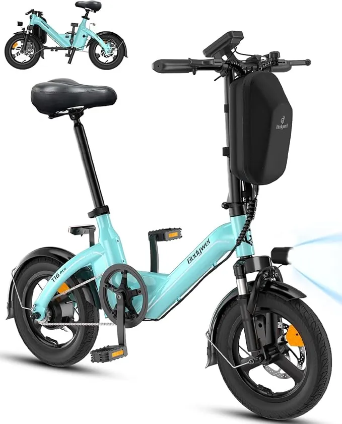 Bodywel T16PRO Bicicleta Eléctrica Plegable, 14" Mini E-Bike, 4.5 Pulgadas Pantalla LED, Batería 36V/10Ah, Frenos de Doble Disco y Suspensión Delantera