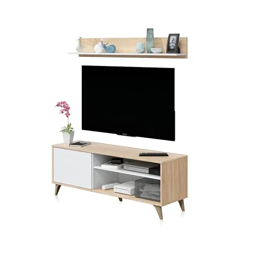 duehome | Modulo TV con Estante, Mueble de Salon, Juego de Muebles, Modelo Lira, Acabado en Blanco Artik y Roble Canadian, Medidas: 135 cm (Ancho) x 50 cm (Alto) 40 cm (Fondo)