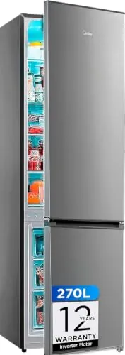 Midea Frigorifico Combi No Frost | 55 cm ancho x 180 cm | Inox | 270L de Capacidad - Nevera Libre Instalación con Congelador Vertical - Refrigerador de Bajo Consumo con Sistema Multi Air Flow