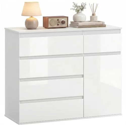 HOMCOM Cómoda con 5 Cajones Cajonera Dormitorio 100x40x80 cm Blanco Brillo | Estantes Ajustables, Puerta de Cierre Suave, Aparador para Cocina, Entrada, Salón