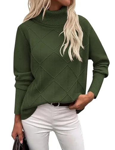 Jersey Cuello Alto Mujer Cálido Elegante Invierno Color Sólido Pullover | Otoño Suéter Manga Larga de Punto Sweater Verde militar S