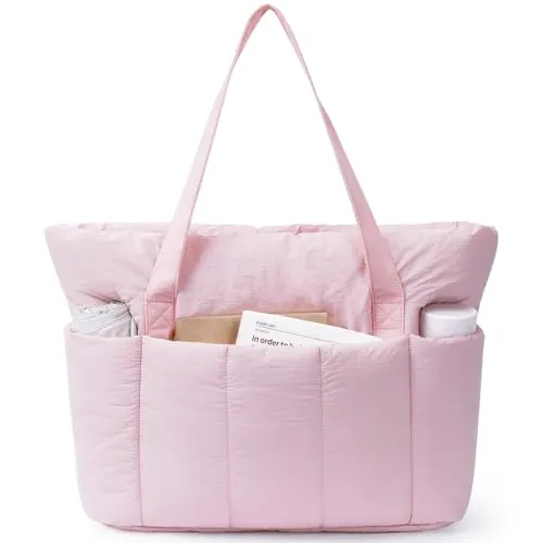Narwey Bolso Tote Mujer Acolchado Grande, Puffer Tote Bag de Trabajo y Deporte con Cremallera y Compartimentos para Portátil, Bolso de Mano y Hombro Ligero para Escuela, Universidad y Viaje (Rosa)
