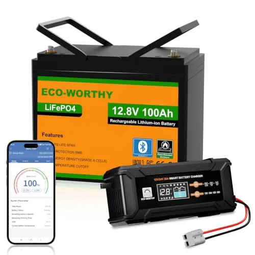 ECO-WORTHY LiFePO4 Bluetooth 12 V 100 Ah con Cargador de 12/24 V 20 A, bateria Litio 12 V 100 Ah con protección BMS de Baja Temperatura para caravanas, Barcos, caravanas