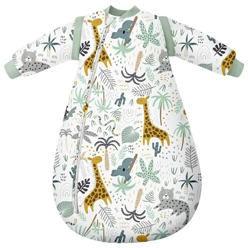 Yoofoss Saco de Dormir para Bebé Mangas Extraíbles 3.0 TOG Algodón Frío Invierno Manta Envolvente para Dormir Súper Cálido 90 cm para Unisex Niñas Niños 18-24 Meses- Verde Jirafa