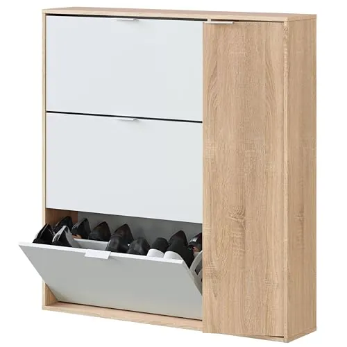 Habitdesign Mueble Zapatero 4 Puertas, Modelo Class, Acabado en Roble Canadian y Blanco Artik, Medidas: 106 cm (Ancho) x 115 cm (Alto) x 22 cm (Fondo)