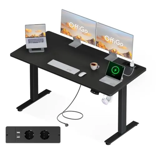 OffiGo Escritorio Elevable con Enchufes, 160 x 80 cm Mesa Elevable, Negro