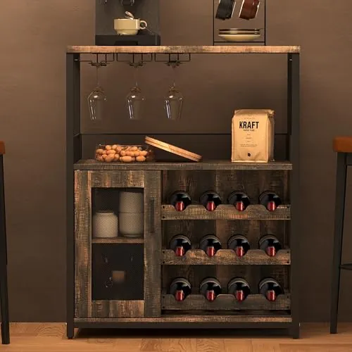 Garvee Aparador Vinos con Puerta de Cristal y Cajón, 3 Niveles con 12 Cubos