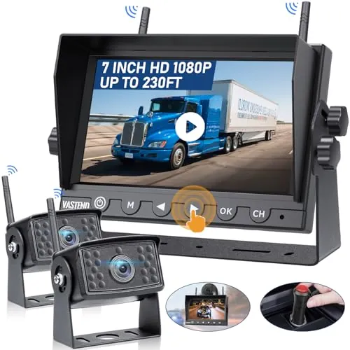 VASTEND Cámara Marcha Atrás Inalámbrica 7" Monitor 1080P IP69 Impermeable Señal Digital Estable, para Furgonetas, Autos, Camiones(V01-2)