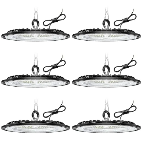 6 Pack 100W UFO LED Lámpara de Alta Bahía, 15000LM Focos Led Interior Techo, 6000K Blanco Frío Iluminación de Almacén, IP65 Impermeable Lampara Industrial Para Patio, Garaje, Fábrica, Taller