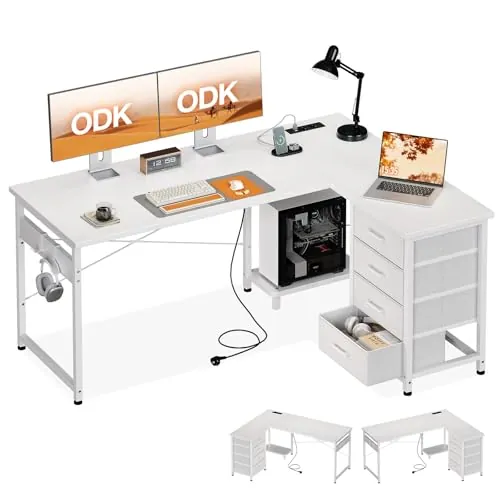 ODK Escritorio Esquinero con Cajones, 135×100 cm Escritorio en L con Enchufes y Puerto de Carga USB, Escritorio Esquina Reversible con Almacenamiento para Oficina en Casa, Blanco