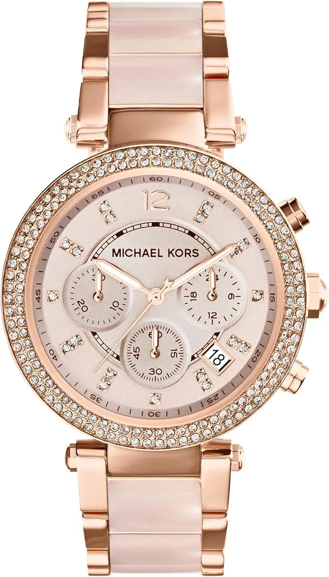 Michael Kors - Reloj Parker cronógrafo de Cuarzo con Correa de Acero Inoxidable en Tono Oro Rosa con eslabones centrales de Acetato ruborizado para Mujer MK5896