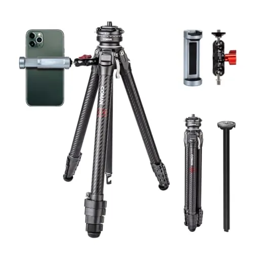COMAN Zero F38 Carbono Fibra Tripode de Cámara con Cabezal de 360° Panorámico y Tripode de Video para Todas Las DSRL, Ligero con Altura de 15.3-156.7 cm, Columna Central, Carga Máxima 18 kg
