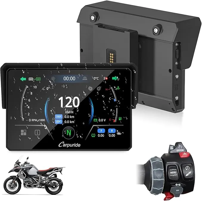 CARPURIDE W502BS Pro para BMW CarPlay y Android Auto para Motocicletas, Bluetooth Dual, Pantalla de Navegación GPS Impermeable de 5 Pulgadas, Lectura de Datos, Native Wonder, TPMS, Sensor de Luz