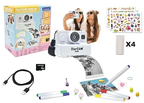 Lexibook, StarCAM Print HD, Cámara con Impresora instantánea, Funciones de Foto, Video, Selfie, música y Juegos, Kit de personalización y Tarjeta SD de 32GB incluida, Blanco, DJ160LXB
