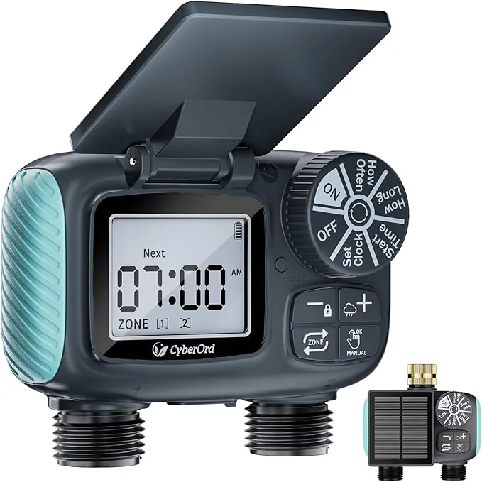Programador de Riego Solar CyberOrd de 2 Zonas, Temporizador de Riego con Carga Solar, Sistema de Riego Automático con Modos Automático/Manual/Retraso por Lluvia para Césped/Ppatio/Jardín