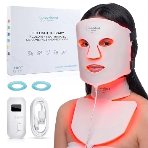Nourished Bodynskin Máscara LED de 7 Colores para Cara y Cuello con Infrarrojo Cercano - Terapia de Luz Azul y Roja para la Cara - 912 LED - Herramienta de Cuidado de la Piel para Anti-Envejecimiento