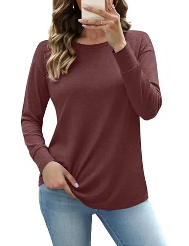 Totatuit Blusa Mujer Cuello Redondo Manga Larga Algodón Elástico Cómoda | Estilo Diario, Uso Casual, Combinación Versátil, Rojo Vino, S