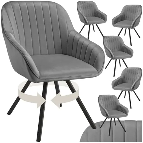 tectake® Silla Giratoria con Reposabrazos, Terciopelo, Acolchada, 360° | Respaldo de Longitud Completa, Patas de Acero Reforzadas, Capacidad 120 kg, Altura Regulable, Asiento Ancho, Gris