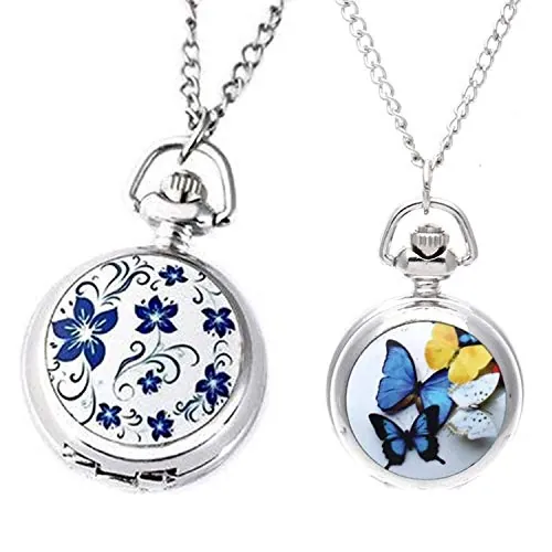 Reloj de bolsillo de cuarzo con colgante de azul de plateado y colgante de cuarzo para mujer, collar de cadena vintage con mariposa [reloj], plata