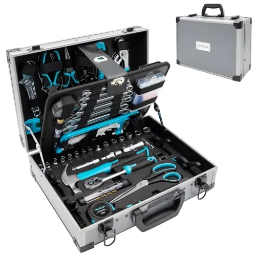 Cecotec Caja Herramientas 380 Piezas ToolBox 8000 Pro. Maletín de Aluminio Premium, Vasos CR-V, Puntas S2 Resistentes, Llaves de Carraca y Llaves Fijas, Ideal Carpintería, Fontanería, Electricidad