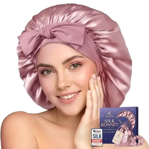 AquaAria Gorro de Seda de Morera, Gorro de Dormir Grande Ajustable 22 Momme | 6A, Anti Frizz, Banda Ancha, Incl. Coletero y Bolsa de Satén, Caja Regalo-Rosado