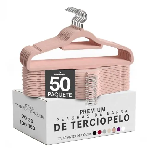 Utopia Home Perchas de Terciopelo - Perchas para Trajes de Terciopelo con Tie Bar - Antideslizantes (Rosa, Paquete de 50)