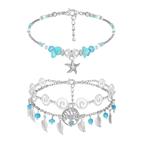 2Pcs Pulseras Tobilleras Pulsera Cadena En Capas,Pulsera de Tobillo para Mujer Ajustables Anklets para Verano Joyería de Playa para Pie Colgante Pie De La Cadena De Joyería Cumpleaños Regalo,Starfish