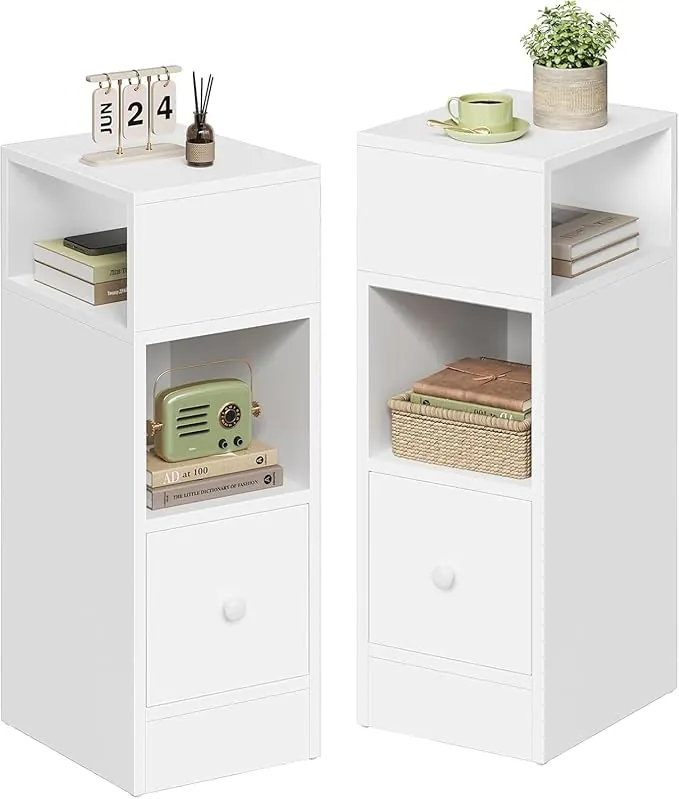 EUGAD Mesitas de Noche Pack 2 Estrechas Blancas con 2 Compartimentos y 1 Cajón, 25x30x66 cm, Mesillas Auxiliares para Dormitorio Pequeño y Salón Espacios Reducidos, Moderno Madera, 0179ZZ-2