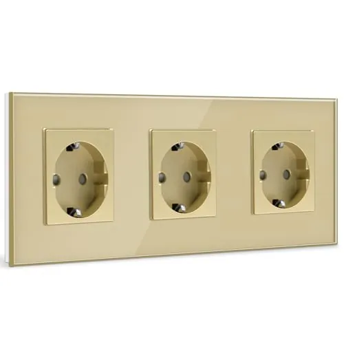 BSEED Enchufe de Pared Triple,Schuko Enchufe Triple con Panel de Cristal Oro,16A 250V Toma de Corriente,Enchufes de Extensión para Cocina,Dormitorio,Oficina,Hotel,etc