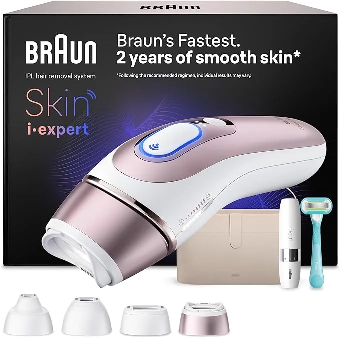 Braun Depiladora Luz Pulsada Smart IPL Skin i·expert, Depiladora Laser con 4 Cabezales, Neceser, Mini Depiladora Facial Y Maquinilla Venus, Depilación Láser en Casa, PL7442, Blanco/Bronce