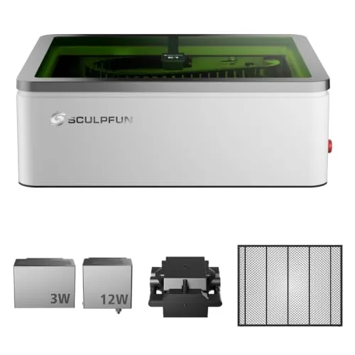 SCULPFUN E1 Dual Grabadora Láser con Módulo Láseres Azul de 12 W e Infrarrojo de 3 W, Posicionamiento Preciso Cámara, Cerrado Clase 1 Cortadora y Grabado láser, Gran área 400 x 320 mm