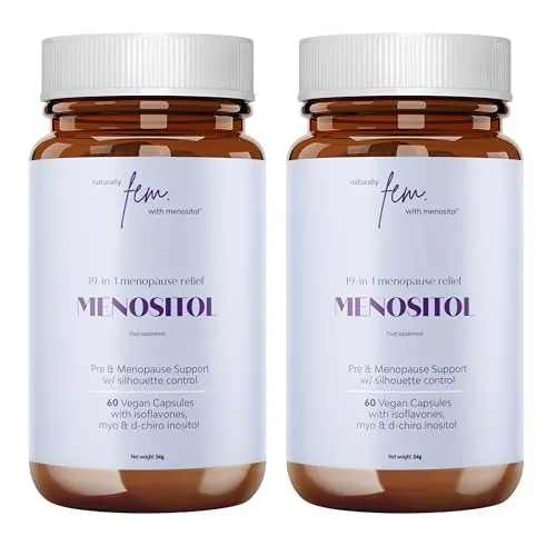 Inositol FEM Menositol 19 en 1-2x botellas – Suplemento Integral para la Menopausia con Myo-Inositol, D-Chiro e Isoflavonas Naturales – Alivio de Síntomas Menopáusicos – Vitaminas Menopausia Mujer